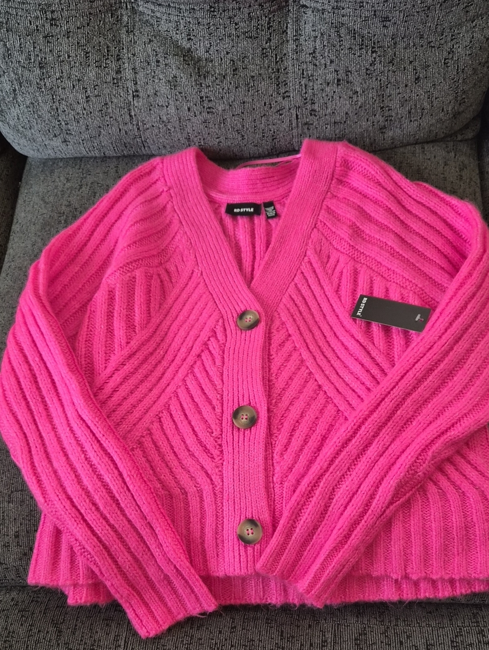 RD Style Bright Pink Ribbed Button Front Cardigan